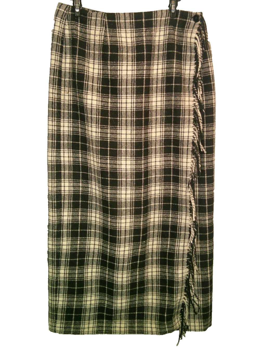 Cambridge Country Black White Plaid Wool Blend Fringe Straight Wrap Skirt 12
